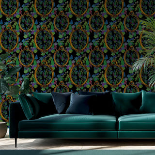 pattern of floral wallpaper and mirrors on dark background shown as wallpaper with sofa and plants