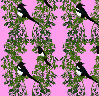 pattern of 2 magpies on green background with bright pink background