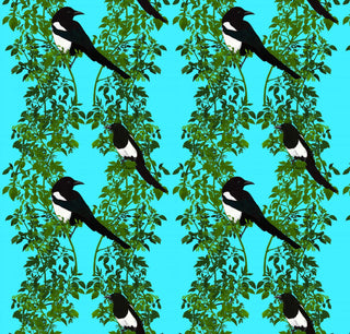 pattern of 2 magpies on green background with pale blue background
