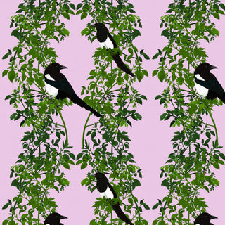pattern of 2 magpies on green background with pale pink background